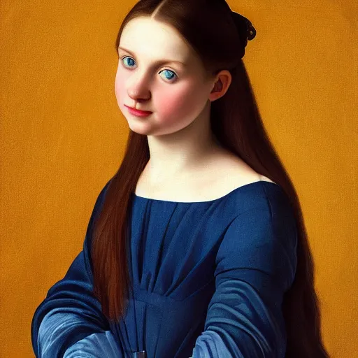 Image similar to full body portrait of a girl with blue eyes, gentle round face, with a bright smile, long dark hair, highly detailed, deep focus, elegant, digital painting, smooth, sharp focus, golden ratio, illustration, ultra realistic, 8 k, art by artemisia lomi gentileschi and caravaggio