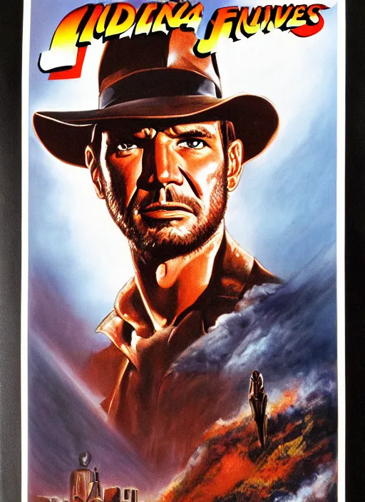 Prompt: science fiction 1 9 8 6 poster for indiana jones directed by ridley scott. oil on canvas. print.