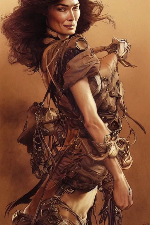 Prompt: stunning cowgirl who looks like lena headey, detailed full body portrait by james gurney and artgerm and Mucha, amazing detail, intricate, stunning inking lines, 4K, character design, concept art