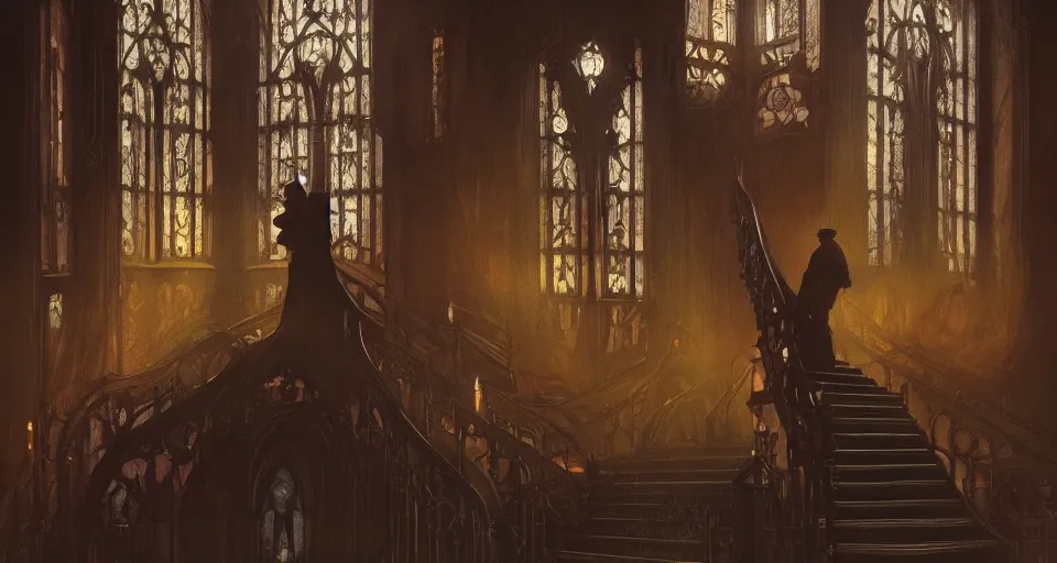 Prompt: Dark victorian stairs in the center with a man standing and a stained-glass behind, bookshelves on sides, volumetric lighting, glowing lights, 4k, octane, digital painting, artstation, concept art, sharp focus, illustration, art by artgerm and greg rutkowski and alphonse mucha