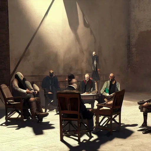 Prompt: gathering of assassins sitting on chairs in a circle, assassin's creed, photorealistic, volumetric lighting, highly detailed, 8 k