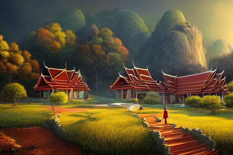 Prompt: summer morning, thai temple, rolling mountain, very coherent and colorful high contrast, art by gediminas pranckevicius, dark shadows, hard lighting