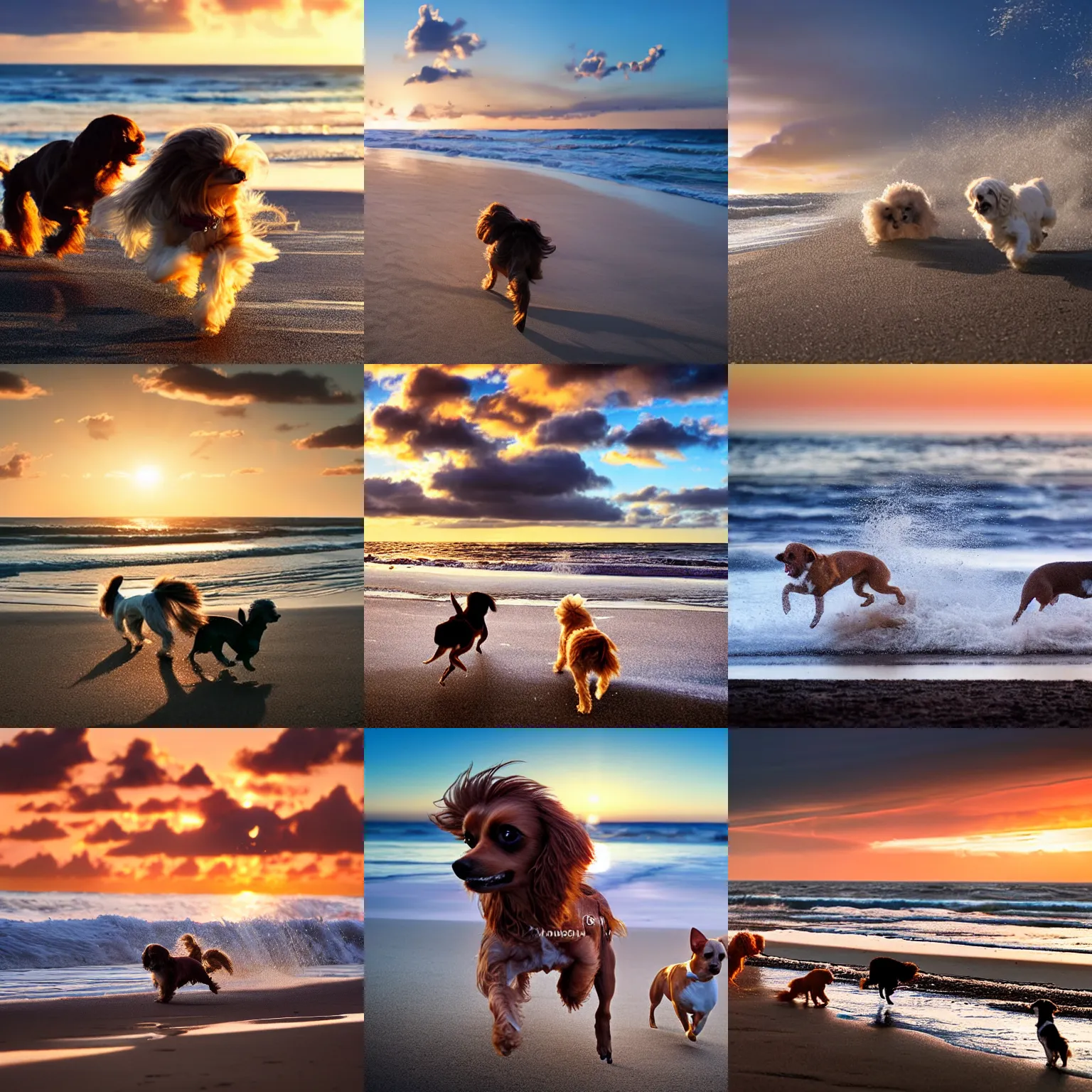 Prompt: a cute brown long haired chihuahua cocker spaniel chases a white bichon frise across the beach. sunset, surf. brightly lit. closeup photograph. unreal engine