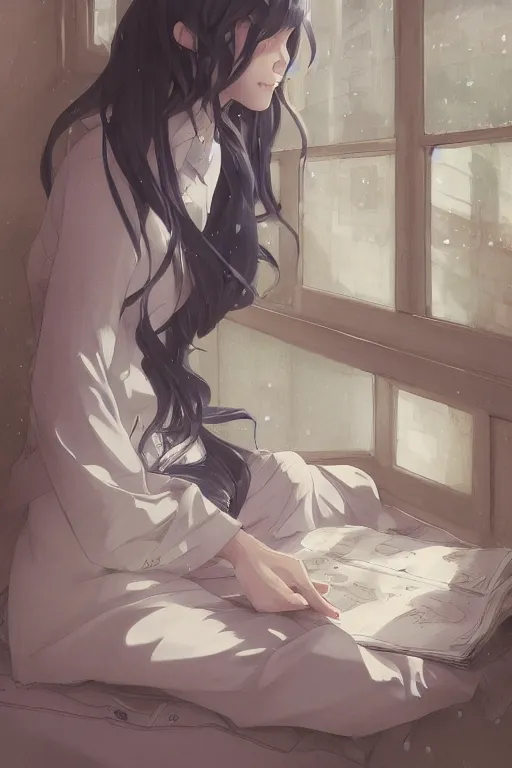 Image similar to a girl in a jk uniform outfit in the bedroom reading a book in a night, raining outside the window, dark and grey theme ， wavy white long hair, by krenz cushart and mucha and akihito yoshida and greg rutkowski and makoto shinkai, detailed eyes, 4 k resolution 、 trending on art station