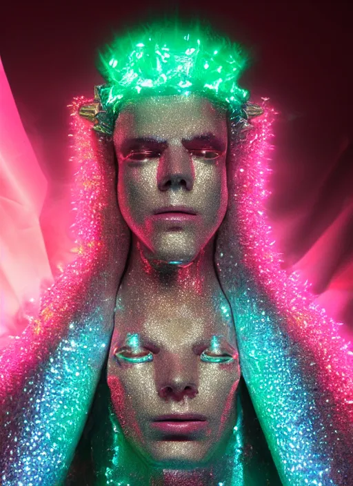 Image similar to photo of baroque and bladerunner delicate neon diamond sculpture of ceramic seductive albino prince xavier serrano delicious tongue sticking out, creamy pink iridescent humanoid deity wearing red furry hoody holding diamond skull in a green metallic dungeon, reclining, glowing rainbow face, crown of white diamonds, cinematic lighting, photorealistic, octane render 8 k depth of field 3 d