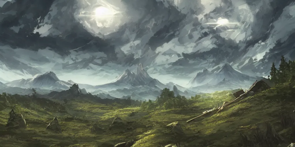 Prompt: landscape, medieval, claymore anime background, world destroyer from claymore manga towering in the sky, a forest in the foreground, mountains in the background, concept art, colour, illustration, smooth, sharp focus, tilted angle, intricate, trending on artstation, trending on deviantart, 4 k