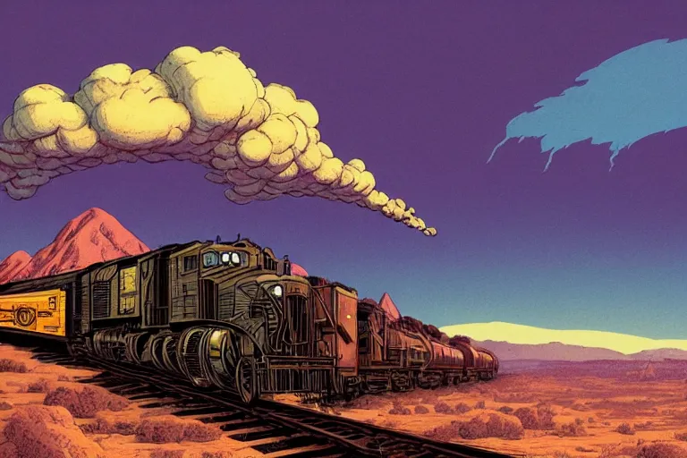 Prompt: old western freight train illustration by joe fenton and syd mead and p. craig russell and barry windsor - smith, artstation, 4 k, graphic novel, concept art, matte painting, steam engine spewing billowy white clouds of steam, beautiful idyllic mountain desert sunset background, golden hour, art nouveau