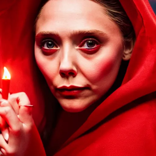 Image similar to a full body image of elizabeth olsen in a red wizards robe casting an evil spell, detailed face, red swirls, ominous lighting, night time, high quality