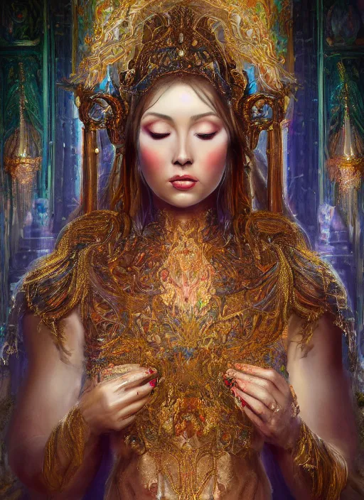 Prompt: soft focus oil painting on canvas of beautiful full body concept art, beautiful faced female priestess with shiny hair wearing full intricate clothing standing in a slimy temple, godray, intricate lighting, micro detail, cg society