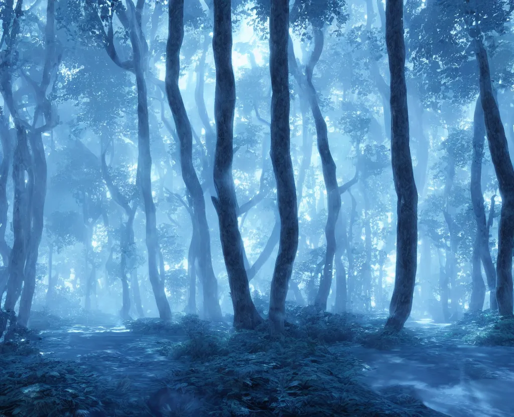 Image similar to blue forest, glowing, unreal engine 5, raytracing, hyperreal, digital art, highly detailed, artstation