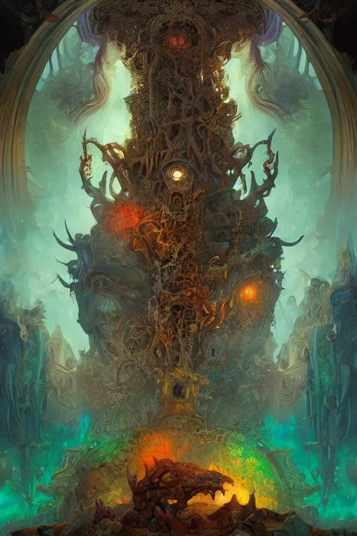 Image similar to gigantic skull center, psychedelic demonic cosmic death and flames, fantasy painting, ultra realistic, wide angle, art nouveau, intricate details, rainbowshift, vivid colors, highly detailed by peter mohrbacher, h. r. giger, maxfield parrish, gustave dore, craig mullins, octane render, cgi