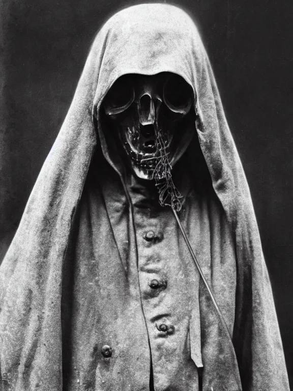 Image similar to portrait of faceless grim reaper with covered facr, ww1 photo, grainy, high detail, high resolution,