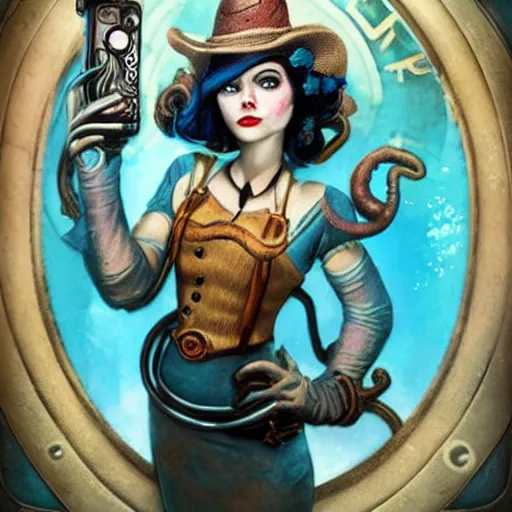 Prompt: lofi underwater bioshock steampunk selfie, octopus, Pixar style, by Tristan Eaton Stanley Artgerm and Tom Bagshaw.