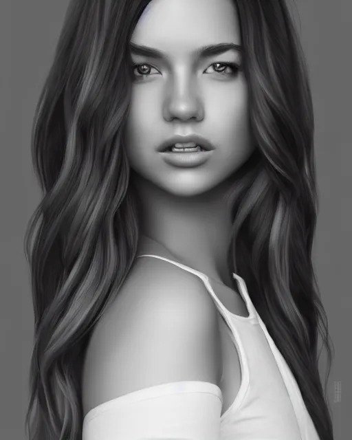 Image similar to full body portrait of a beautiful young woman in black and white, photorealistic, hair down to waist, sharp focus, in the style of Kevin Kostic, Stephen Lau and artgerm, hyper sharp focus, 8k highly detailed