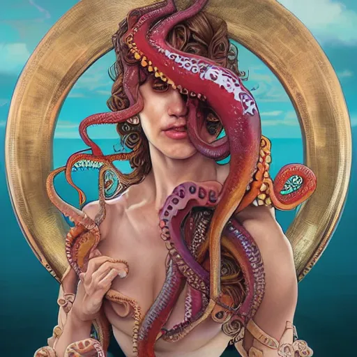 Prompt: portrait painting of octowoman, half woman, half octopus, ultra realistic, concept art, intricate details, extremely detailed, photorealistic, octane render, unreal engine. art by artgerm and dan mumford and alphonse mucha and studio ghibli, mixed media, 8 k