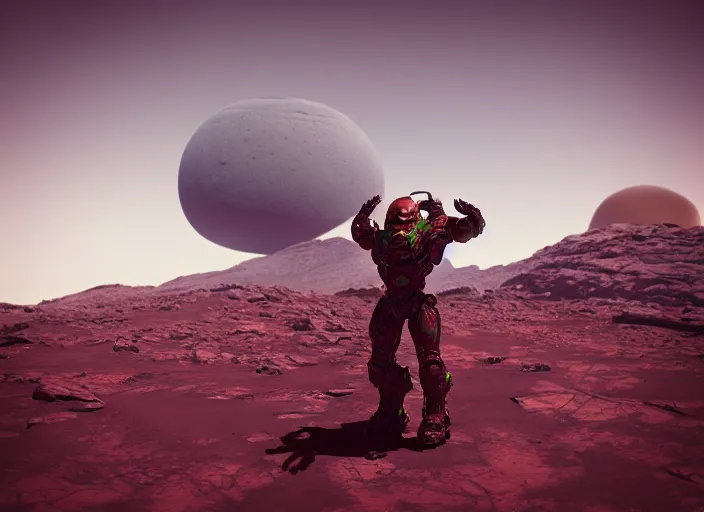 Image similar to “ doom marine, standing on martian rock, in front of mars base, space ship in background, octane render, digital art ”