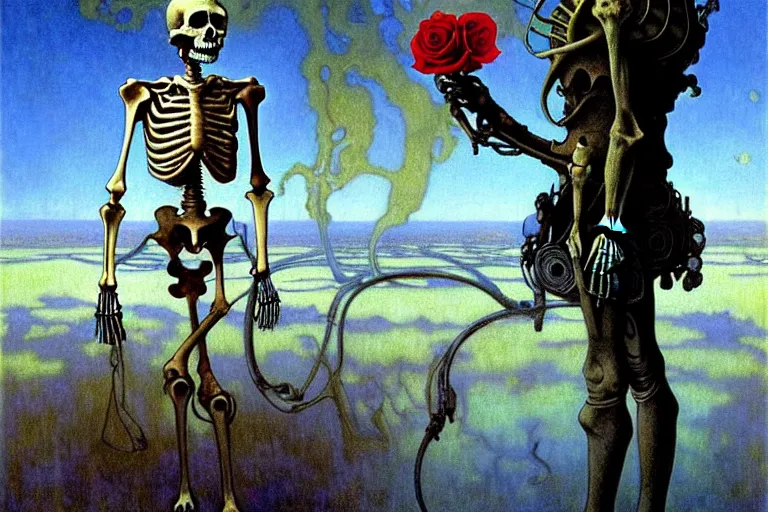 Image similar to realistic detailed portrait painting of a kid with a skeleton with a single rose wearing sci-fi helmet in a dystopian landscape by Jean Delville, Amano, Yves Tanguy, Alphonse Mucha, Ernst Haeckel, Edward Robert Hughes, Roger Dean, cinematic composition, dramatic pose, masterpiece, rich moody colours, blue eyes, 4k details