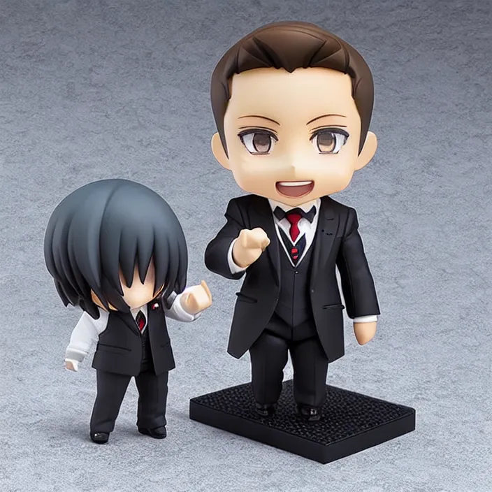 Image similar to a anime nendoroid of elon musk wear giorgio armani suits and black shoe, car tesla 3, figurine, smile, product photo, detailed