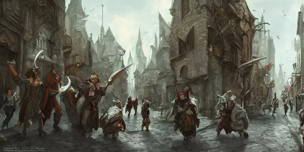 Image similar to an exciting fantasy street battle within a fascinating old city, narrow streets, old buildings, by Sebastian Luca, cinematic, simple but effective composition, clean lines, beautiful digital painting, oil painting, great character design, dungeons and dragons, lord of the rings, close up character, fantasy races