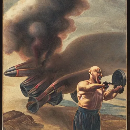 Prompt: a muscular bald man carrying two turbine engines with fire spitting out