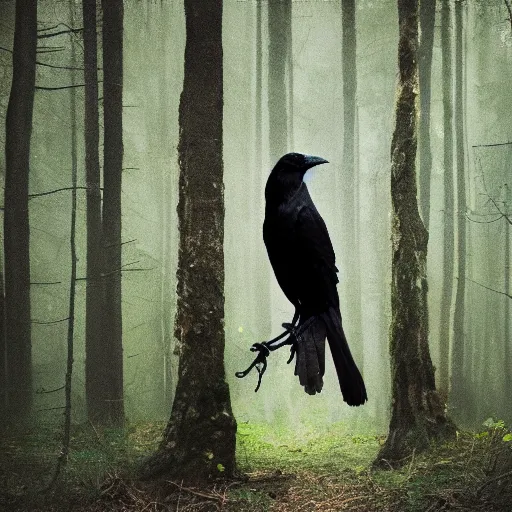 Image similar to mixture between a!! person and crow, photograph captured in a forest