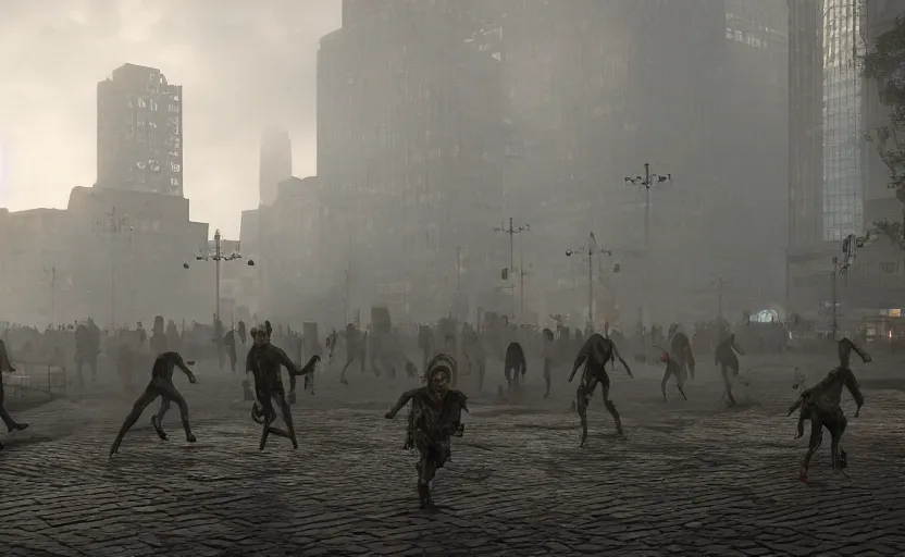 Image similar to Dan Pietro plaza invaded by zombies, epic, mystery, dense fog dusk, highly detailed, cinematic, 8k