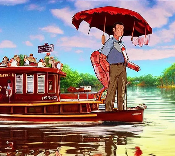 Image similar to Tom hanks as forrest gump sitting in a giant shrimp boat, majestic beautiful world, digital art, amazing detail, artstation, in the style of hayao miyazaki