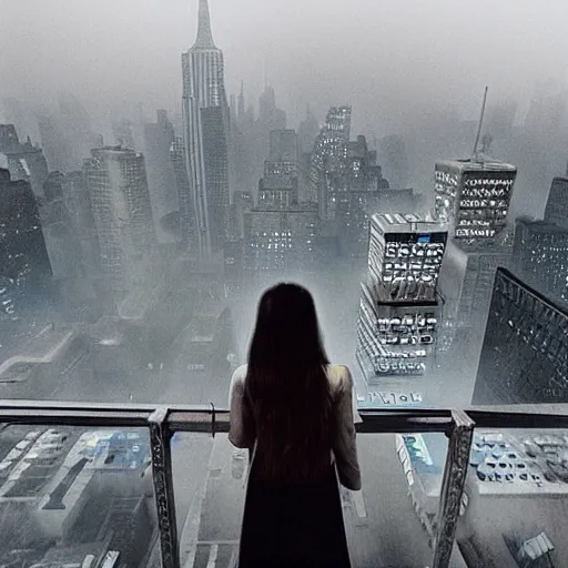 Prompt: “ girl standing on a roof looking down at a foggy futuristic new york city below, ghostpunk, blade runner, cyberpunk, brutalist, very detailed, anime, manga ”