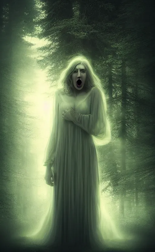 Prompt: in the style of thomas kinkade, mikko lagerstedt, joshua middleton, transparent female ghost screaming, flowing dress, full body, symmetrical face, in the woods, moody lighting, dark fantasy