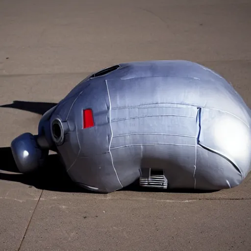 Image similar to deflated robot, non-functional, laying down, flattened, needs air, no fuel