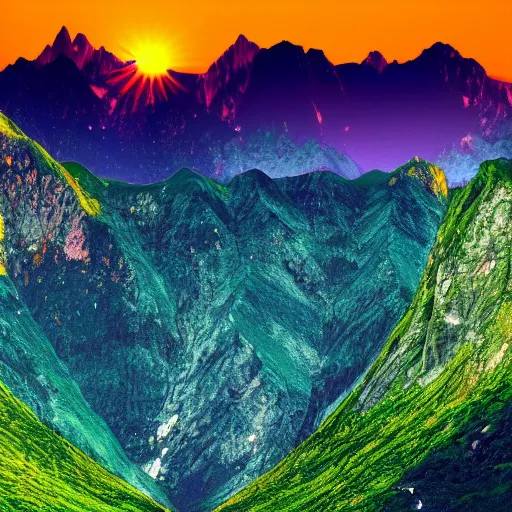 Prompt: Chill wallpaper of mountains in front of a sunset, highly detailed, colourful, peaceful