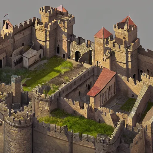 Image similar to small medieval town inside of large castle fortress, isometric, ambient occlusion, global illumination, vray, by tyler edlin and rhads, cgsociety, artstation