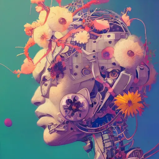 Image similar to surreal gouache painting, by yoshitaka amano, by ruan jia, by conrad roset, by Kilian Eng, by good smile company, detailed anime 3d render of a mechanical android head with flowers growing out, portrait, cgsociety, artstation, modular patterned mechanical costume and headpiece, retrowave atmosphere