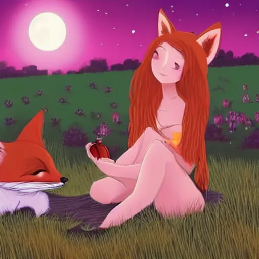 Prompt: an e-girl and a fox sitting in a field eating peaches under the moonlight