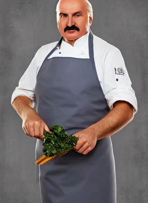 Image similar to digital portrait of a cooking chief looking like alexander lukashenko, photo realism