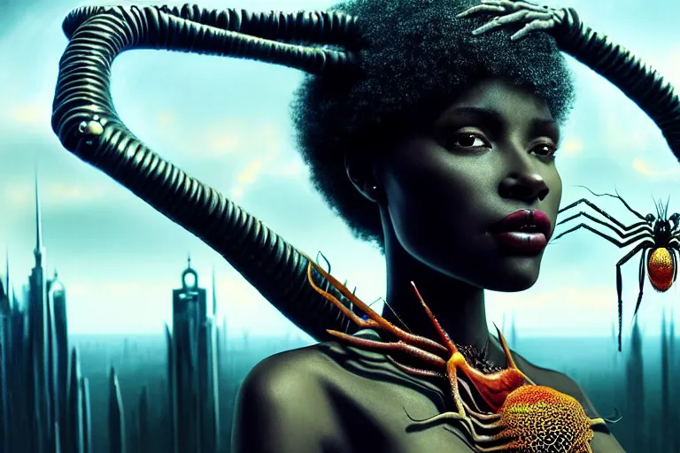 Image similar to realistic detailed closeup portrait movie shot of a beautiful black woman on a giant spider, dystopian city landscape background by denis villeneuve, amano, yves tanguy, alphonse mucha, max ernst, ernst haeckel, edward robert hughes, roger dean, cyber necklace, rich moody colours, sci fi patterns, wide angle