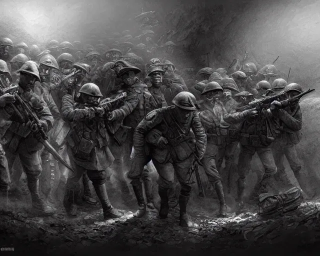 Image similar to Soldiers in despair in a world war 1 tunnel, black and white, amazing digital art, hyper detailed, artstation, in the style of Tony Sart