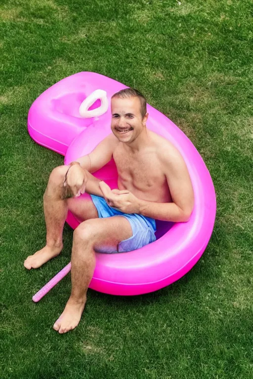 Prompt: man sitting in a pink kiddie pool, lawn flamingo, backyard, pool floaties