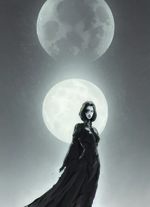 Image similar to at the top of the composition is a symmetrical centered portrait of Anna Millerstone as a Dark evil witch, big moon in the background, at the bottom of the composition is grey space, dramatic lighting, book cover illustration by Greg rutkowski, yoji shinkawa, 4k, digital art, concept art, trending on artstation, golden silver elements, empty grey space at the top, flower elements