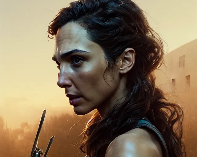 Image similar to highly detailed portrait of gal gadot, in the walking dead, stephen bliss, unreal engine, fantasy art by greg rutkowski, loish, rhads, ferdinand knab, makoto shinkai and lois van baarle, ilya kuvshinov, rossdraws, tom bagshaw, global illumination, radiant light, detailed and intricate environment