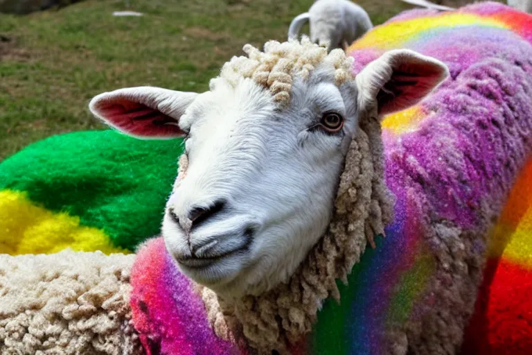 Prompt: a photo of a sheep with rainbow colored wool