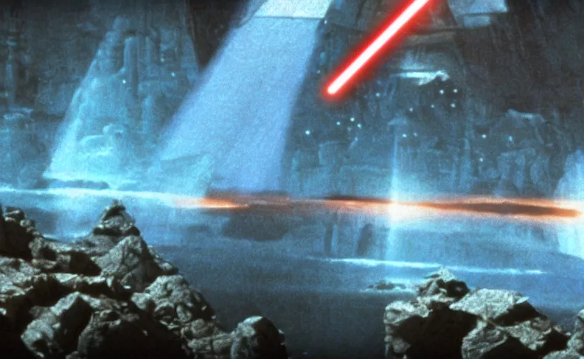 Prompt: iconic cinematic screen shot of star destroyer waterfall canyon planet, from the action packed scene from the 1 9 7 0 s star wars sci fi film by stanley kubrick, glowing lasers, kodak film stock, anamorphic lenses 2 4 mm, lens flare, iconic cinematography, award winning