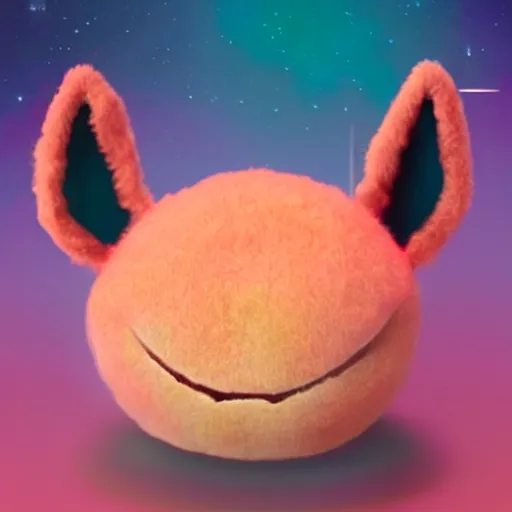 Image similar to an alien with a face that looks like a fuzzy peach the peach is fuzzy pink warm and ripe the alien has horns and a mean smile, 4k, highly detailed, high quality, amazing, high particle effects, glowing, majestic