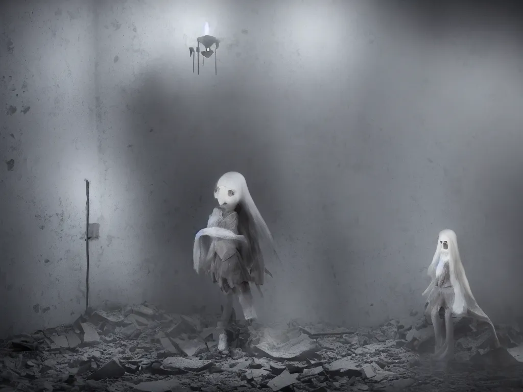 Prompt: cute fumo plush girl ghost in a mysterious concrete wartorn brutalist ruin, chibi gothic wraith maiden of the afterlife, dramatic three point lighting, glowing wisps of hazy smoke and volumetric fog swirling about, production volume rendering, vray