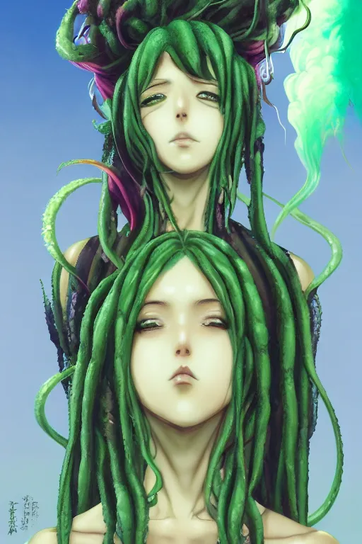 Image similar to portrait of an anime manga girl with green snake dreads, straight on, by artgerm, james jean, tom bagshaw, gerald brom, vaporwave colors, lofi colors, vaporwave, lofi, goth vibe, 4 k, smooth, hd, substance designer render, full body character concept art, symmetrical,