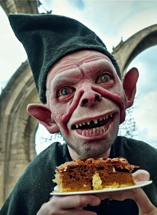 Image similar to closeup profile face portrait of a medieval goblin eating cakes in the cloisters, depth of field, zeiss lens, detailed, symmetrical, centered, fashion photoshoot, by annie leibovitz and steve mccurry, david lazar, jimmy nelsson, breathtaking, 8 k resolution, extremely detailed, beautiful, establishing shot, artistic, hyperrealistic, beautiful face, octane render