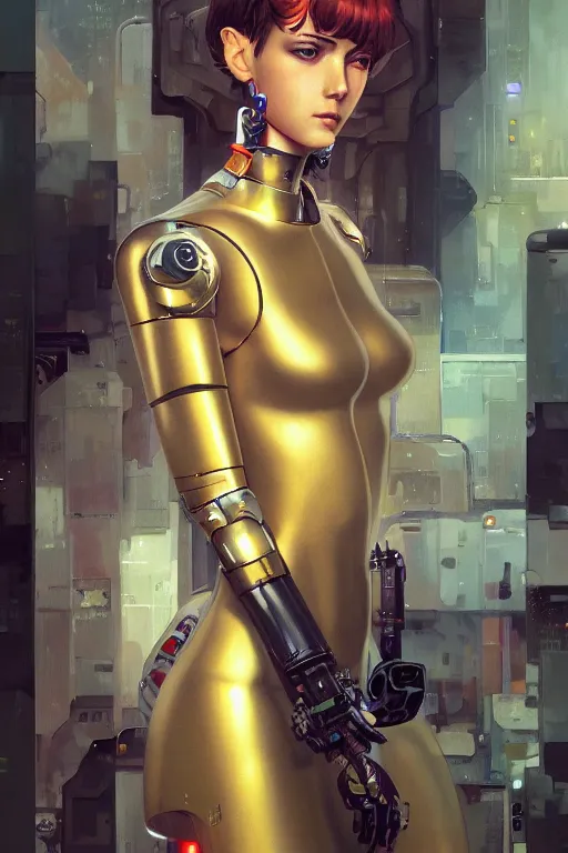 Image similar to portrait of beautiful young robot, cyberpunk, Warhammer, highly detailed, artstation, illustration, art by Gustav Klimt and Range Murata and Ilya Kuvshinov and Sakimichan