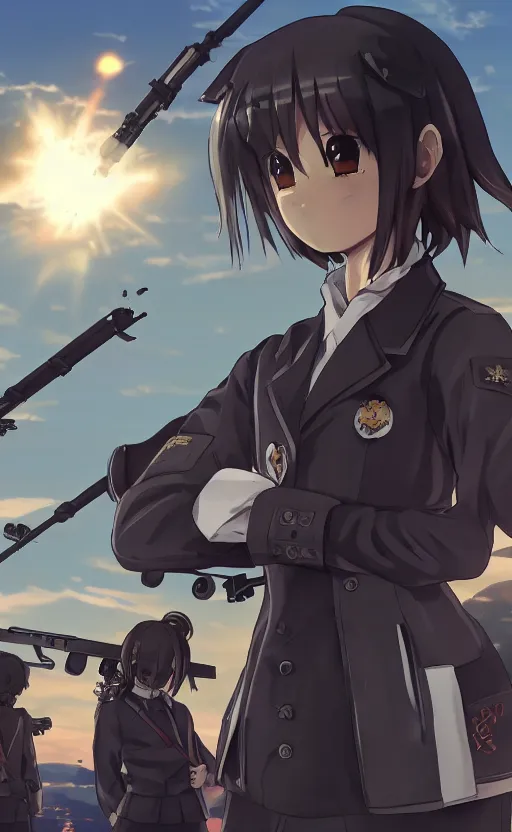 Image similar to anime style, gta 5, panoramic view of shigure kancolle, searchlights in background, soldier clothing, short hair, hair down, symmetrical facial features, from arknights, hyper realistic, extreme detail, detailed drawing, trending artstation, hd, d & d, realistic lighting, by alphonse mucha, greg rutkowski, sharp focus, backlit