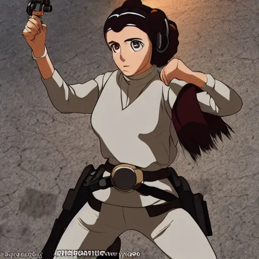 Prompt: Anime Princess Leia striking a sassy pose with one hand on her hip and the other holding a blaster, in the style of Attack on Titan, key still, establishing shot, highly detailed, lighting