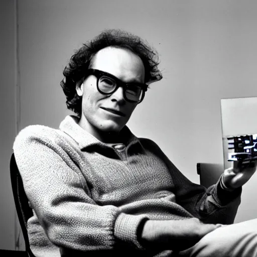 Prompt: photograph of Isaac Asimov as a 1990s computer programmer drinking Mountain Dew